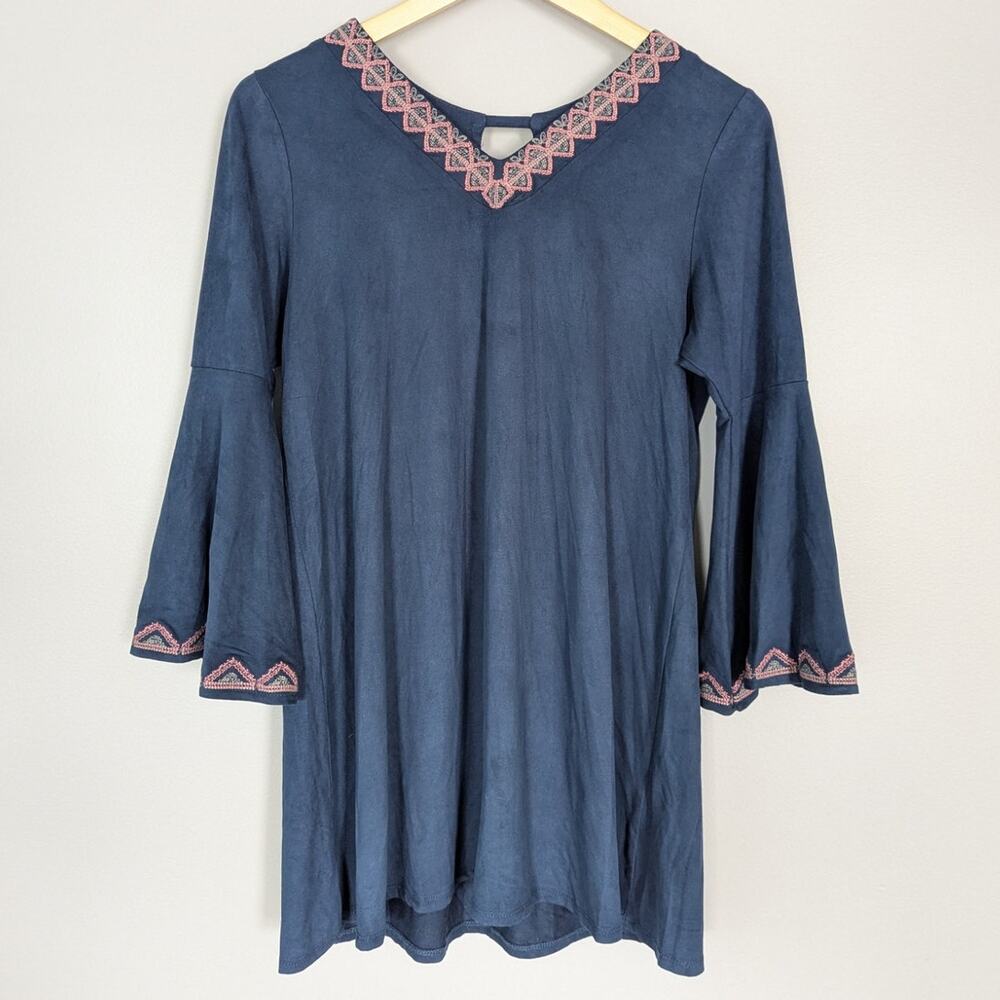 THML Women's Pink Embroidered Navy Tunic Mini Dress Bell Sleeve size MP